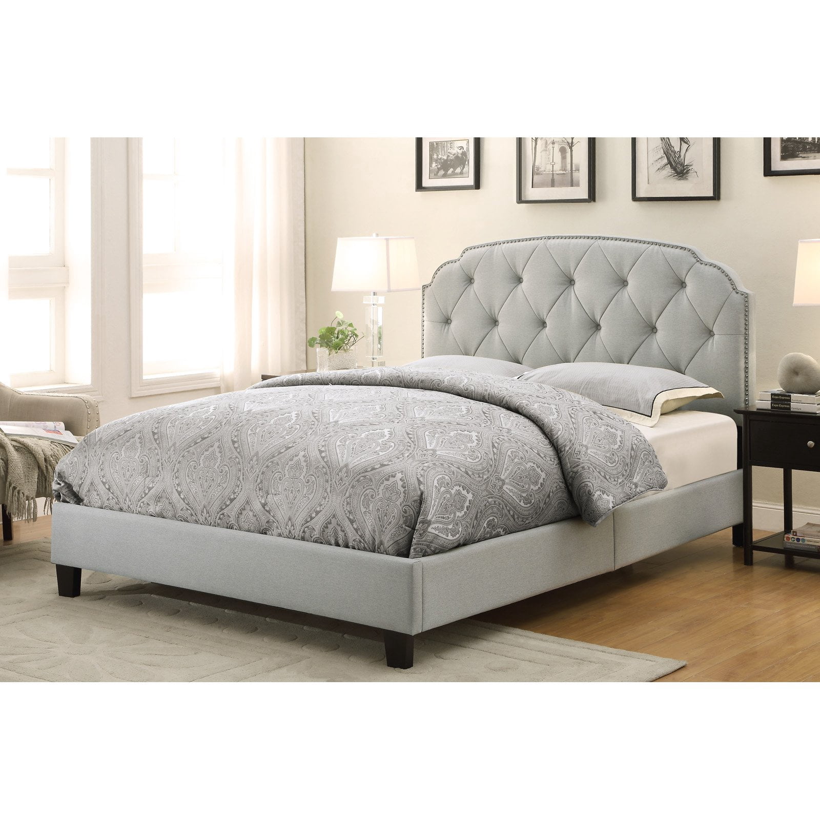 King All-In-One Shaped Corners Upholstered Bed in Dupree Linen