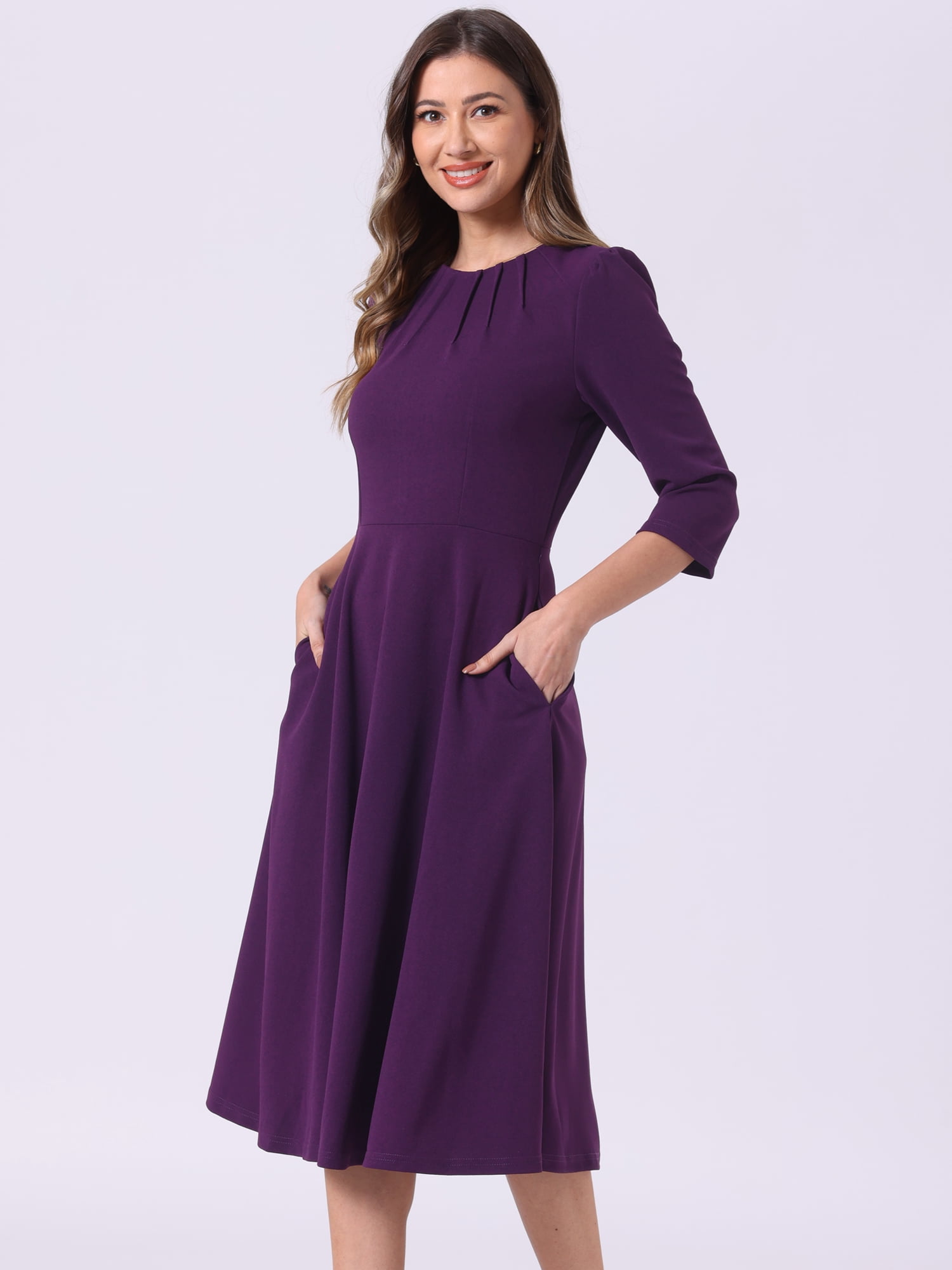 DARING DIVA 3/4 Sleeve A-Line Midi Work Dress S Deep Purple