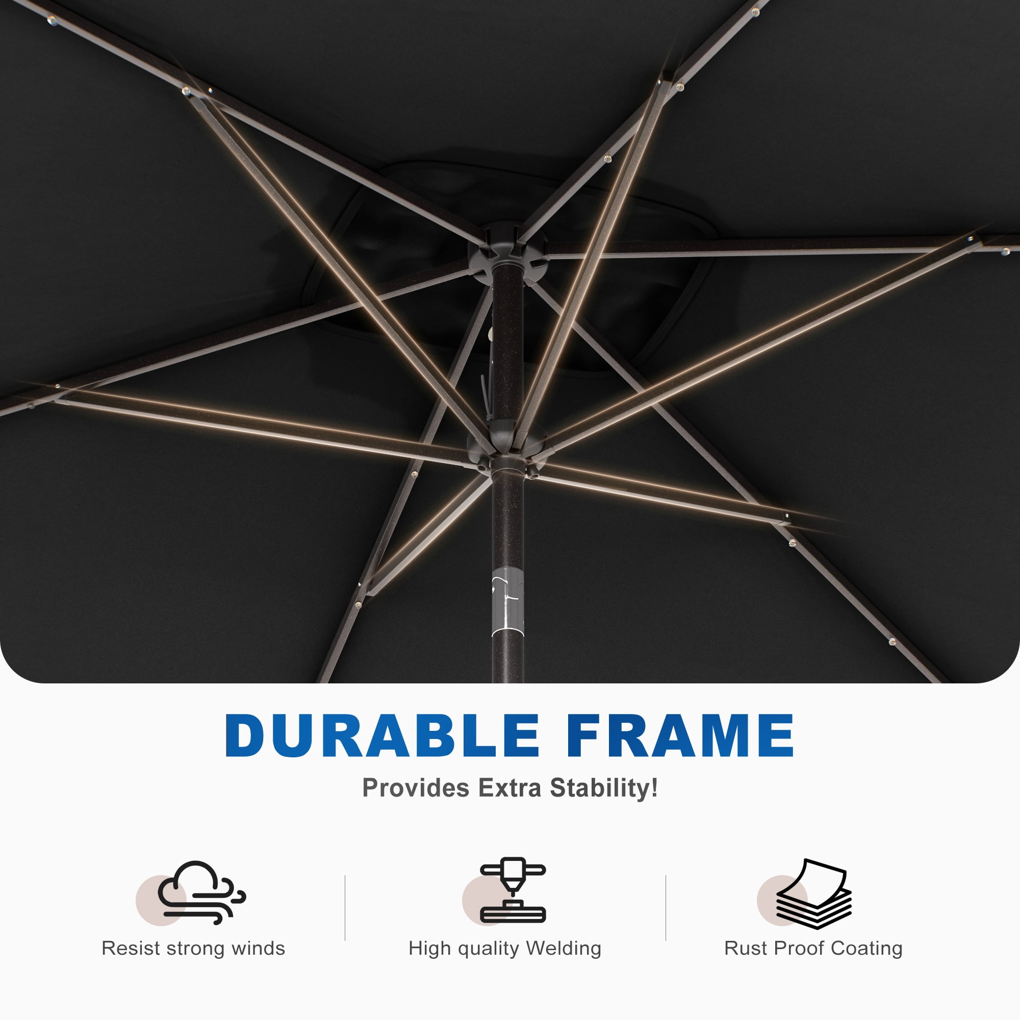 CHYVARY LED Outdoor Patio 6x9ft Deck Solar Light Market Umbrella, Outside Table Umbrellas With Polyester canopy,Black