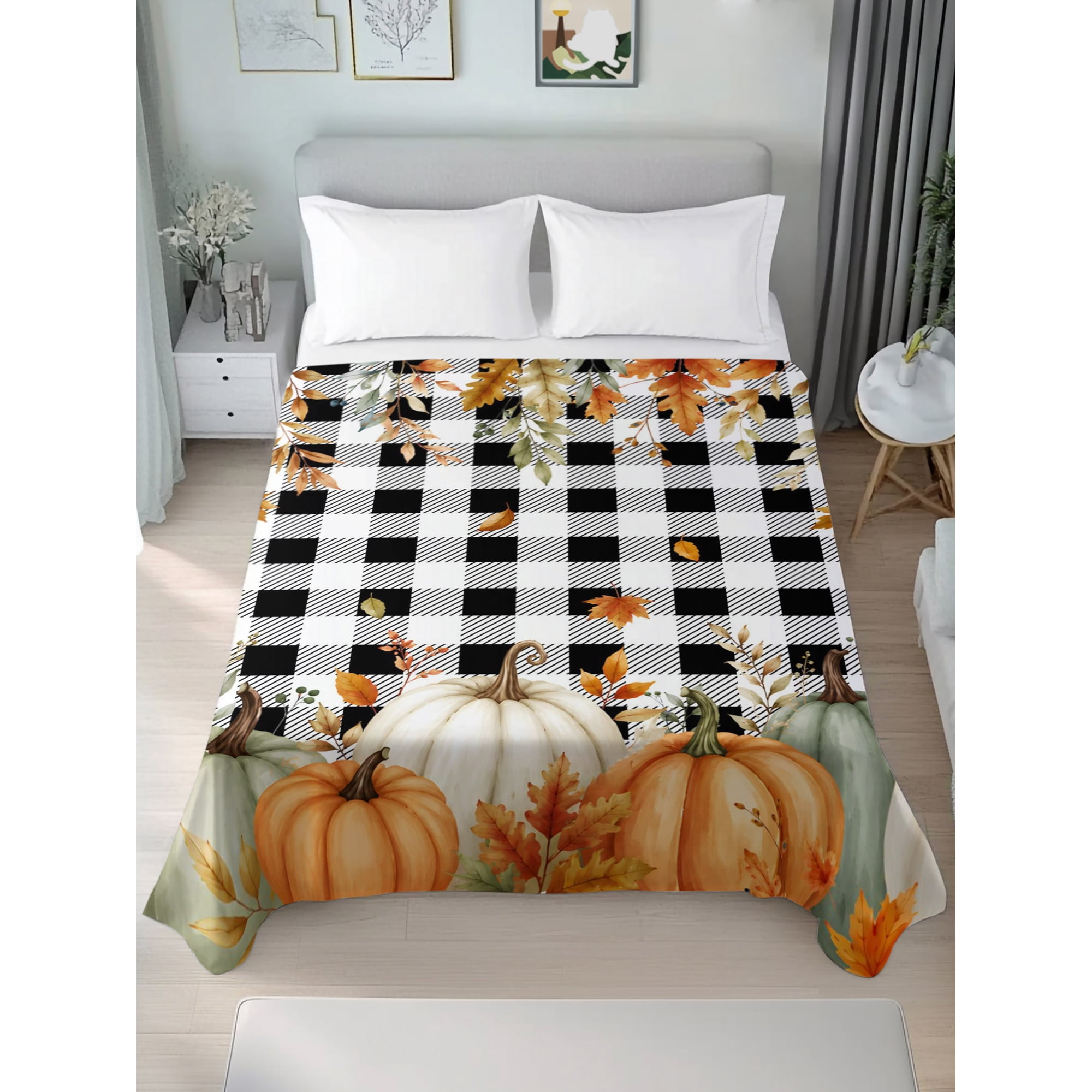 Twin Flat Sheet Only Thanksgiving Autumn Pumpkins Soft Microfiber Cooling Bedding Sheets Black White Check Flat Bed Sheet for Hotel Home Decor