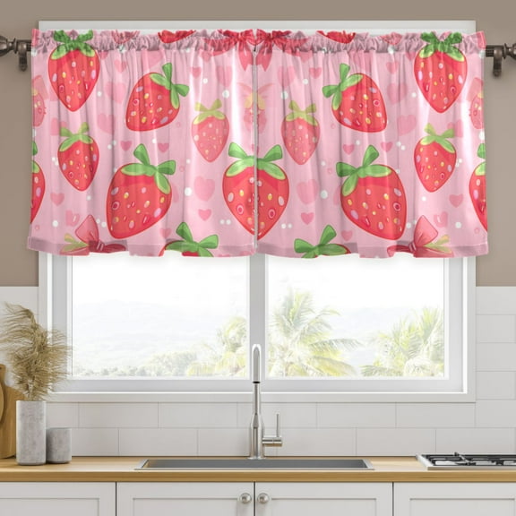 Ryvnso Strawberry and Heart Curtains Sets Short Curtain Rod Pocket Half Window Cafe Farmhouse Tier 2 Panels 57"W x 24"L