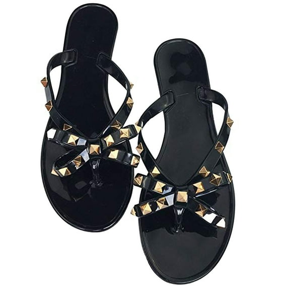 Women Jelly flip Flop Bow Sandals-Beach Flat Rivets Rain Ankle Strap Thong Black