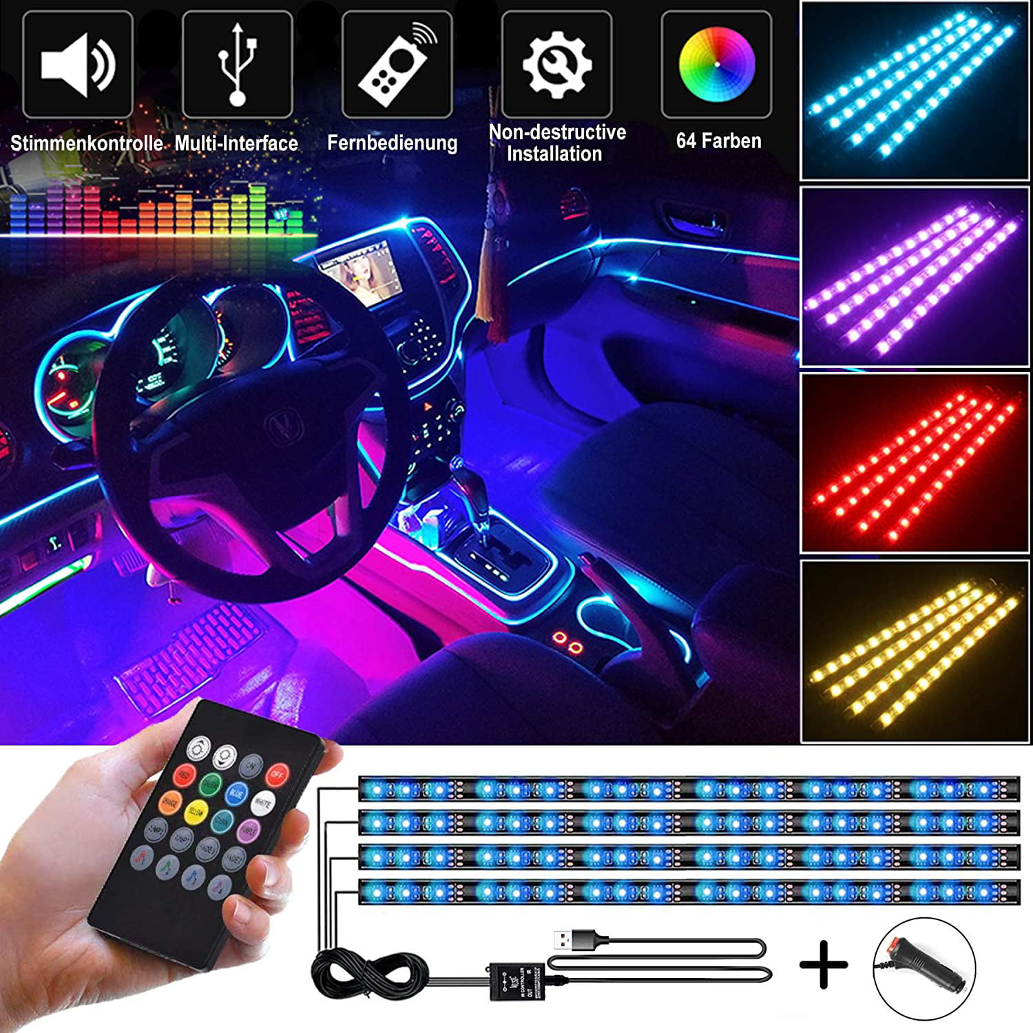 Music Car Strip Light Car LED Strip Lights Under Dash Lighting Kit Interior Multi Color with Sound Active Function and Wireless Remote Control Car Charger Included 