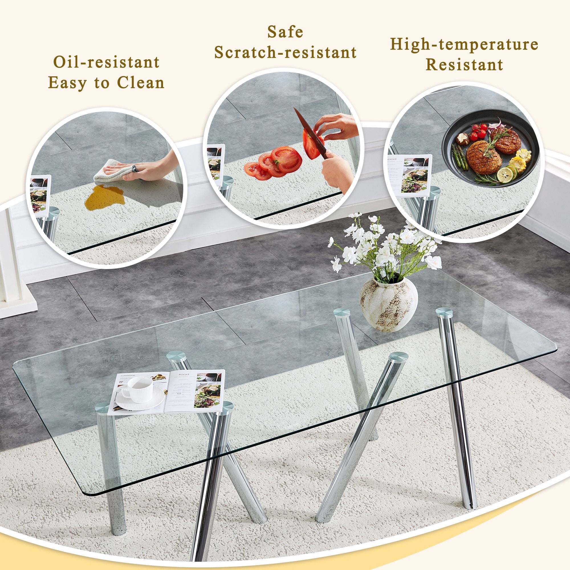 Alvantor 71" Tempered Glass Dining Table with White Metal Legs