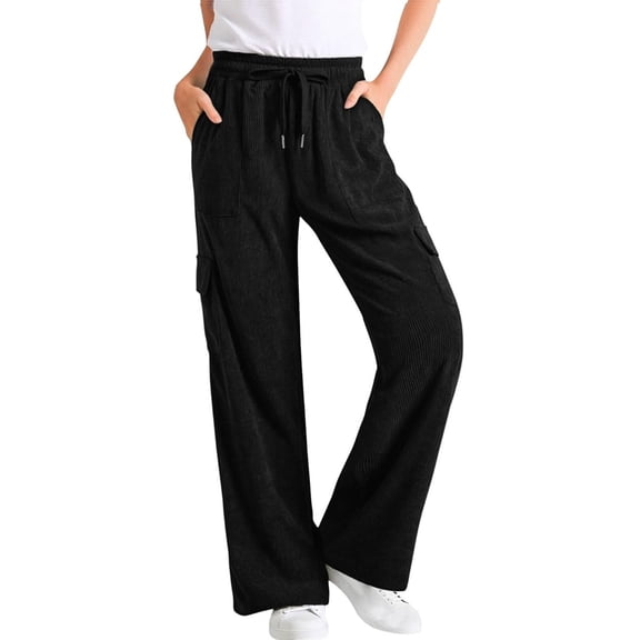 DHFJKG Womens Corduroy Pants High Waisted Elastic Drawstring Cargo Loose Fit Wide Leg Joggers Pants With Pockets Soft Trousers