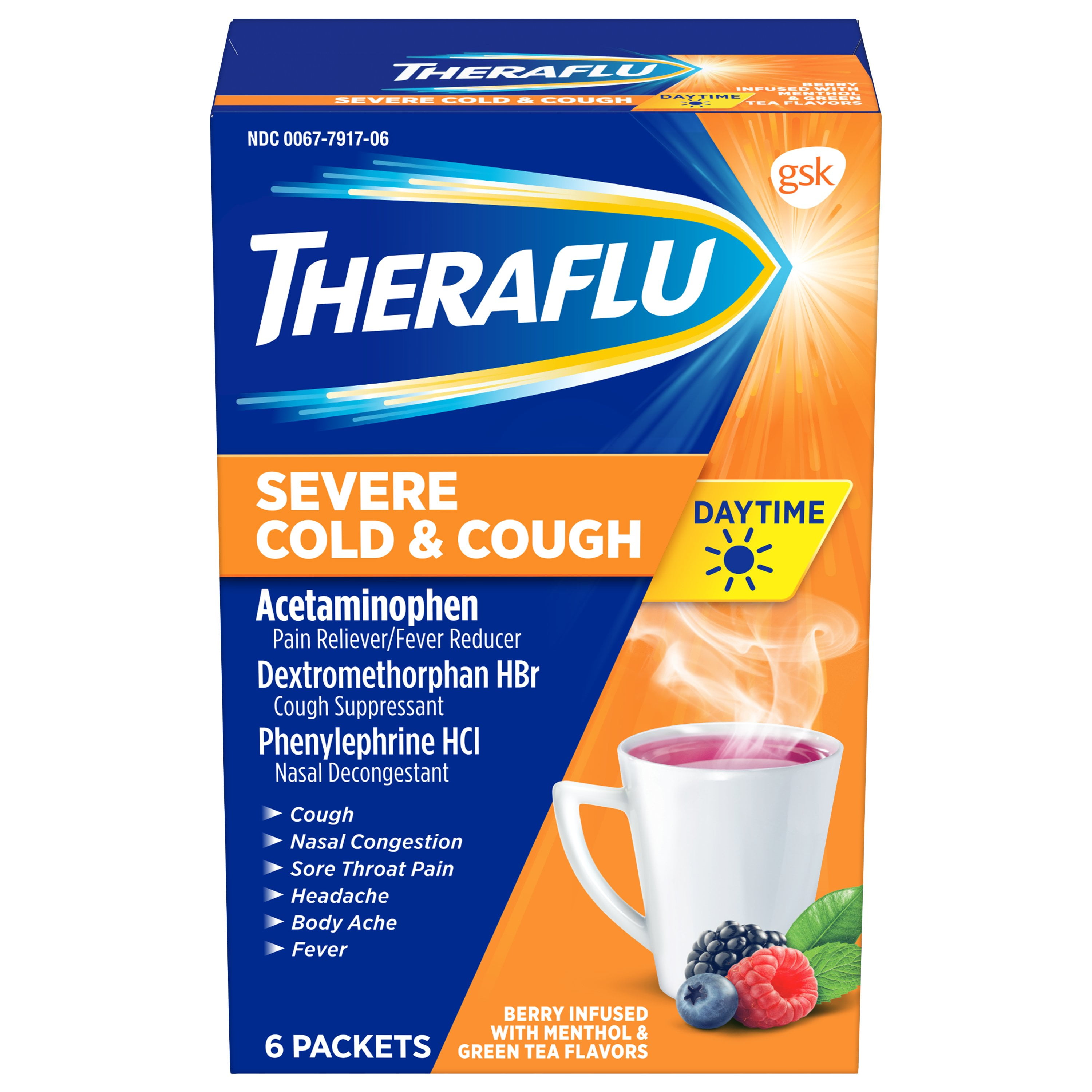 Theraflu Daytime Severe Cold and Cough Hot Liquid Powder Berry Infused
