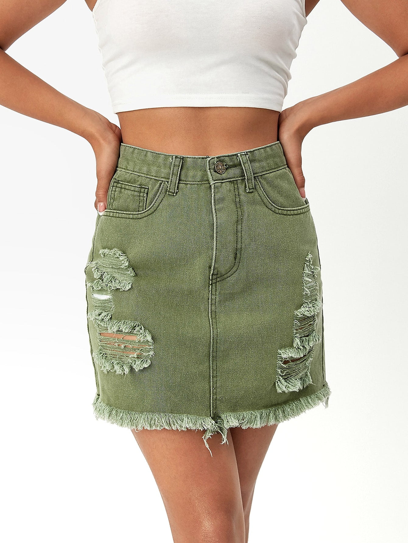 ripped hem denim skirt