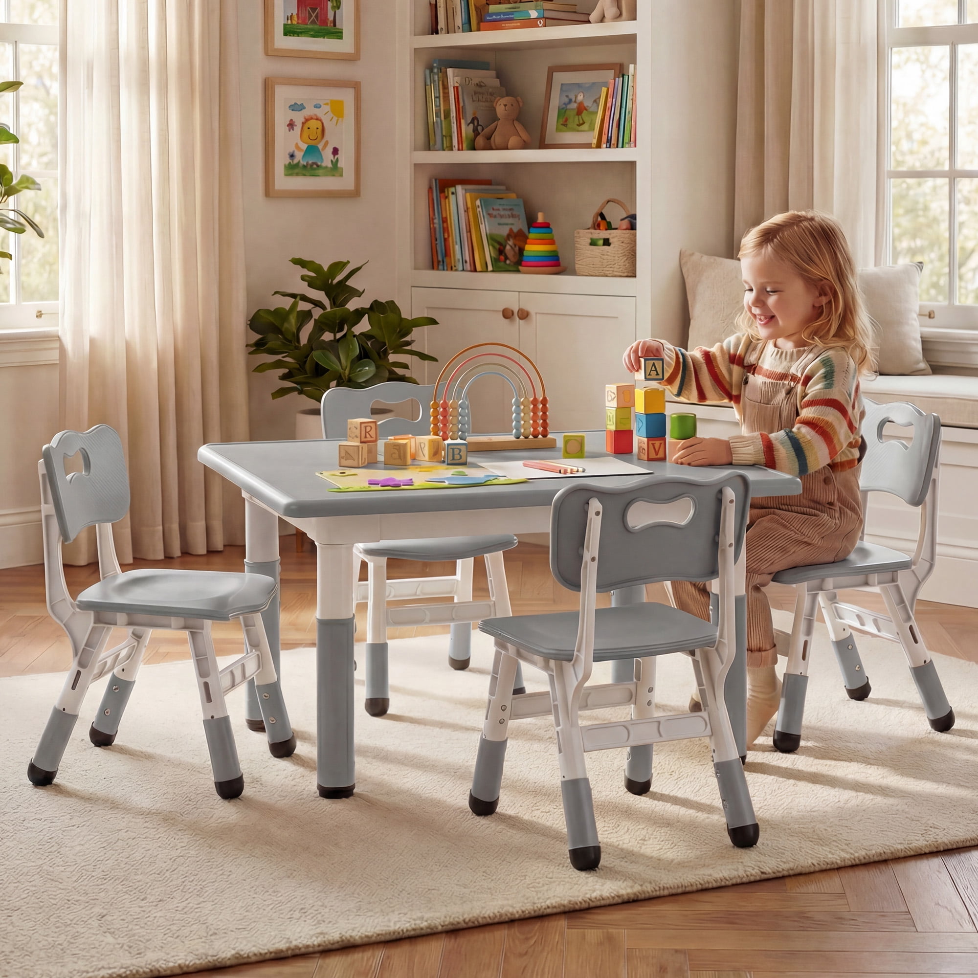 LINLUX Kids Table and 4 Chairs Set, Height Adjustable Table & Chairs, Spacious Activity Table for Toddlers, Gray