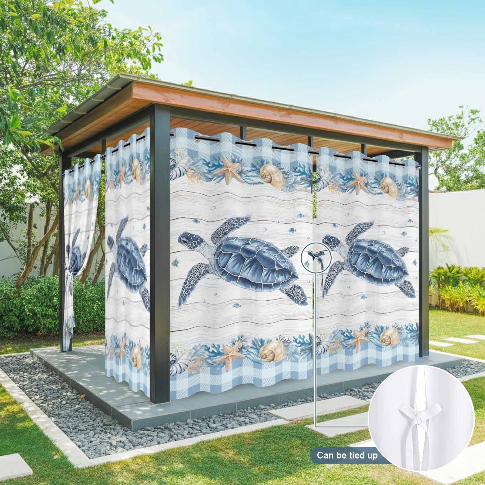 Blue Turtle Coastal Outdoor Curtains for Patio, Summer Starfish Beach Shell Coral Wood Grain Sunshade Privacy Drapes Grommet Waterproof Outside Curtains for Porch/Cabana/Balcony 54"x 108", 1 Panel