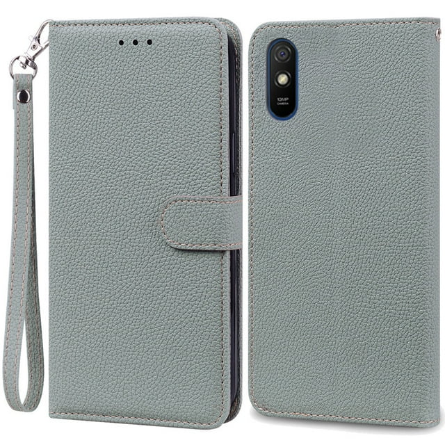 Pour Redmi 9A Étui Portefeuille de Luxe Étui à Rabat pour Xiaomi Redmi 9A Étui de Téléphone Étui Protecteur en Cuir pour Xiomi Redmi 9A 9AT Fundas Gris -Sangle pour Redmi 9AT