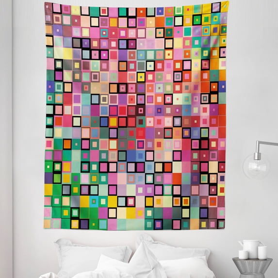 Geometric Tapestry, Rainbow Like Colorful Design with Geometrical Details Squares with Dots Image Print, Fabric Wall Hanging Decor for Bedroom Living Room Dorm, 5 Sizes, Multicolor, by Ambesonne