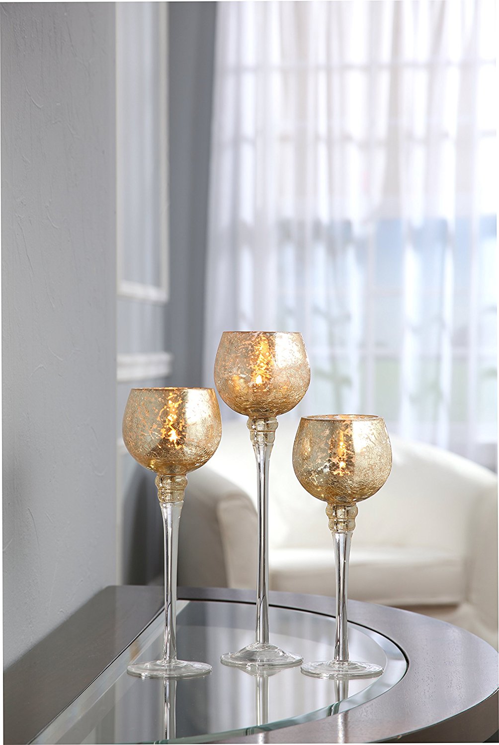 Set of 3 Amber Gold Crackle Mercury Glass Candle Holders