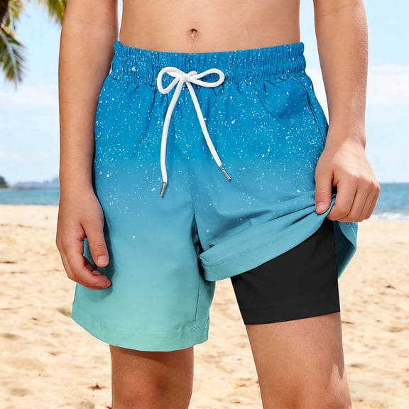 ITSAME Boys Beach Shorts, with Compression Liner Drawstring Quick-Dry Summer Casual Swim Trunks Blue Size 9