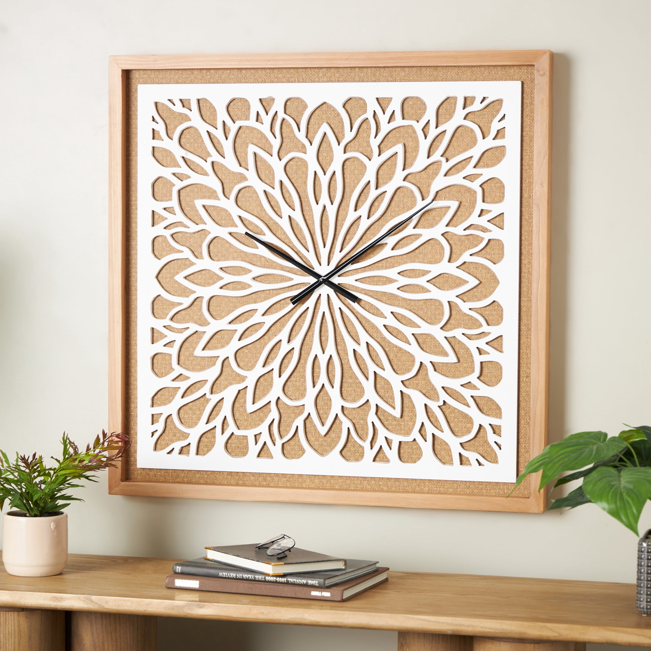 DecMode 32" Brown Wood Floral Wall Clock with White Cutout Board