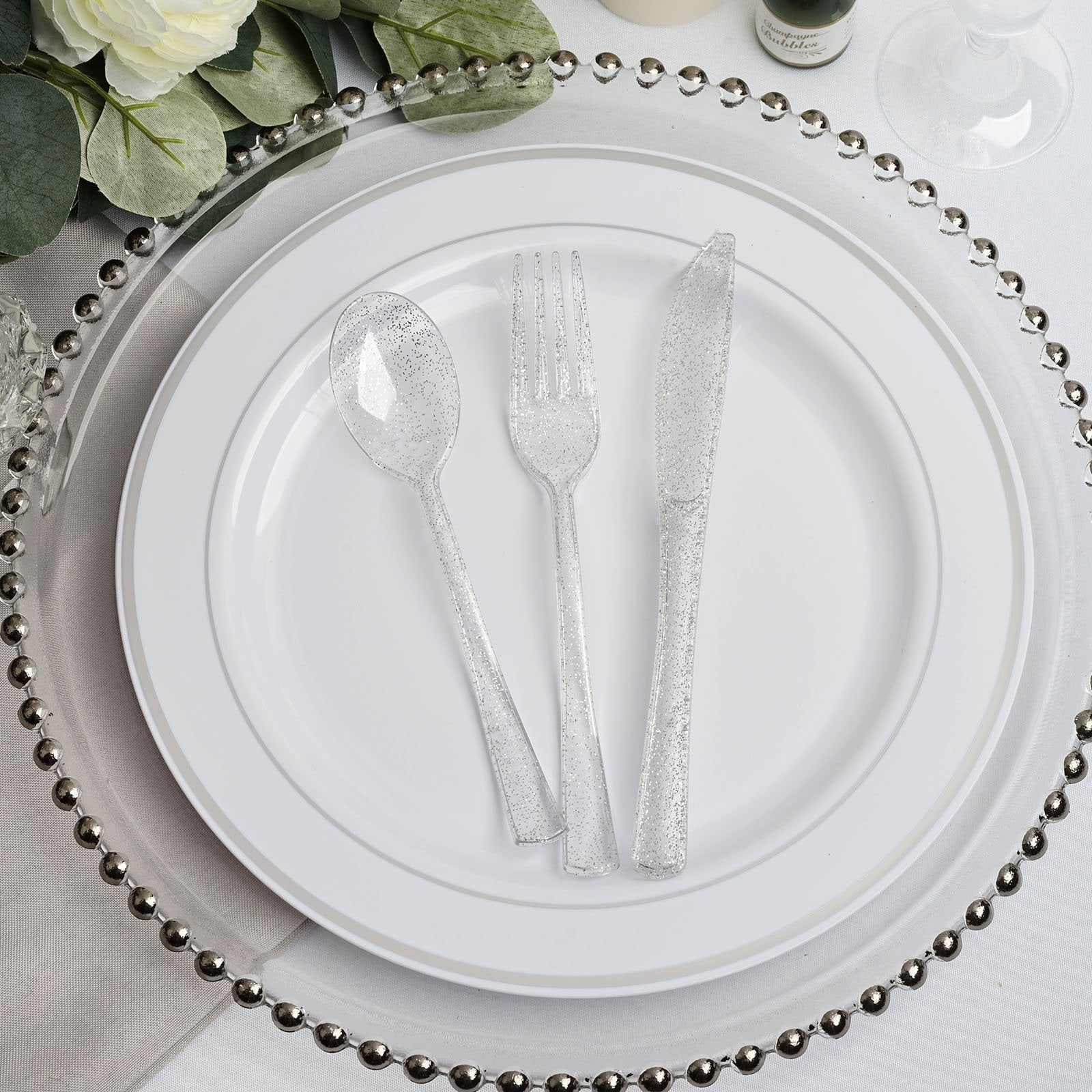 Efavormart 75 Pack Silver 7" Disposable Plastic Cutlery Set Glitter