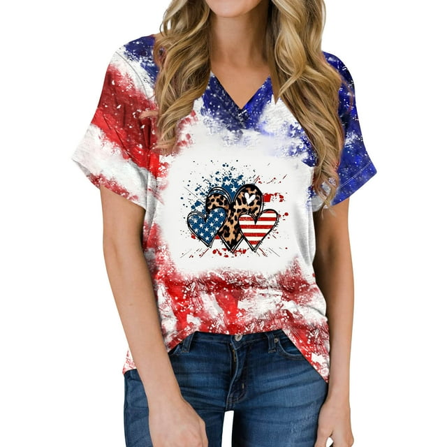 Camisas de Manga Corta para las Mujeres Día de la Independencia Blusas Estampado Cuello en V Top, Blusas para las Mujeres Casual
