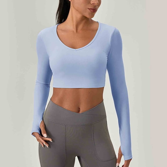 EazyTech Crop Tops with Built in Bra Womens Summer Cute Long Sleeve Padded Tee Tops Going Out Athletic Yoga Tshirt with Thumb Hole