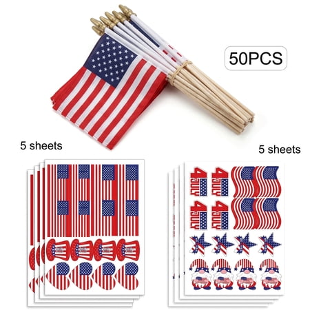 4th of July Decorations, 50 Pack Small American Flags 4x6 inch Pre-Assembled with 160PCS Patriotic Face Stickers, Mini USA Flags on Wooden Stick for Parade, Memorial Day, Patriotic Celebrations