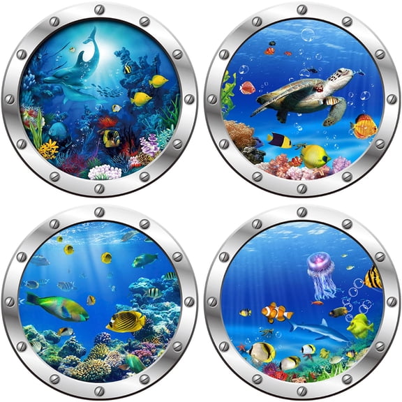 4 PCS Ocean World Wall Window Stickers, 12 Inches Porthole 3D Sea Turtle, Shark, Jellyfish, Fish Window Sticker Sea Life Wall Window Décor