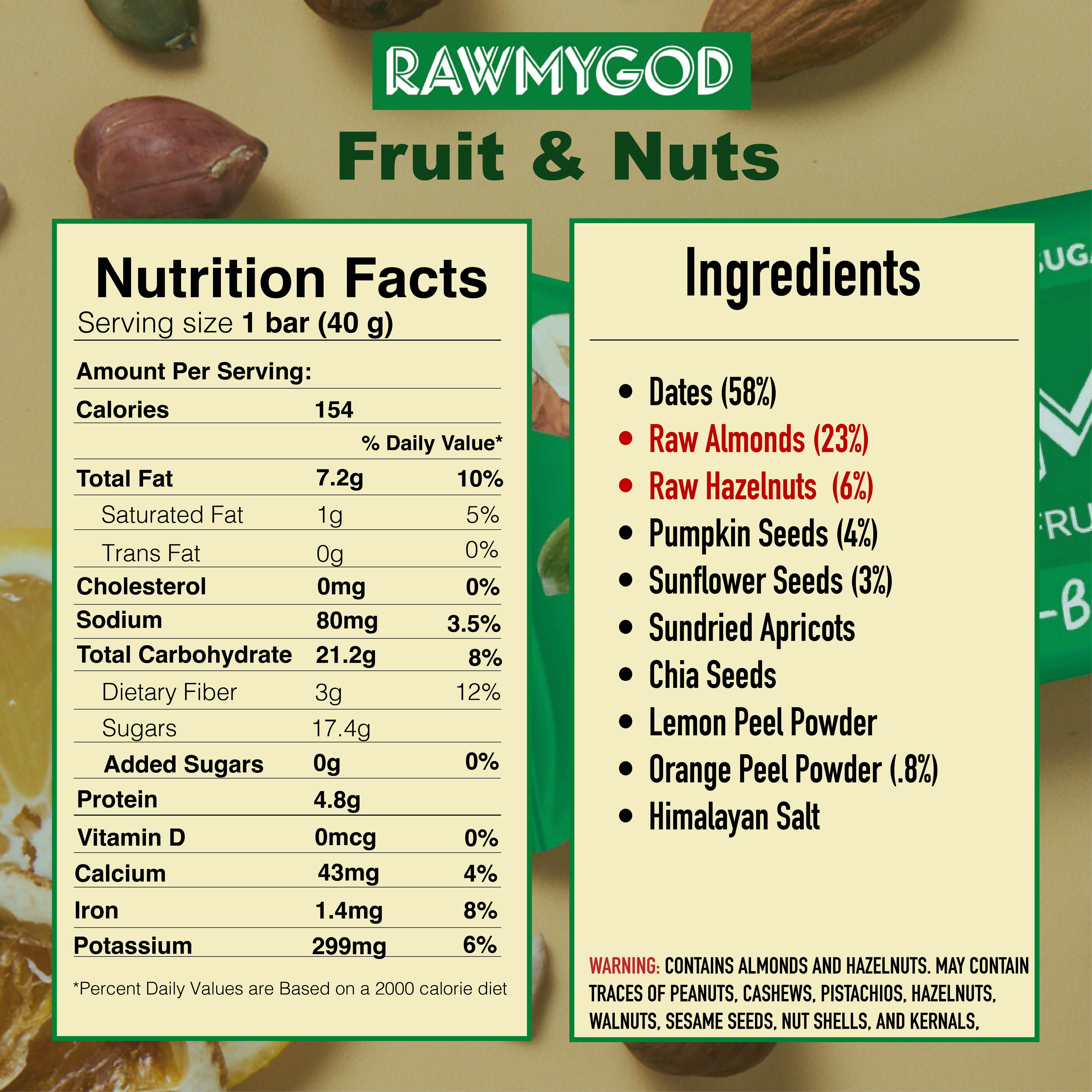 RAWMYGOD Raw Fruit and Nut Bar, Plant Based Protein, Gluten Free, Vegan, No Added Sugar, 16 pack, 154 Calories per Bar