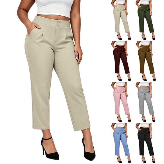 Stamzod Plus Size Pants for Women Cropped Work Trousers High-Waisted Button Straight Leg Dress Pants with Pockets Business Casual Outfits Gray L