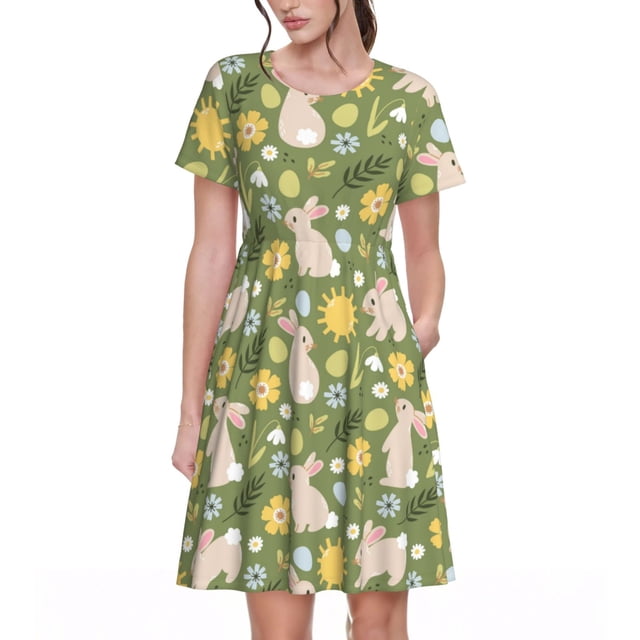 Balery Happy Easter Vestidos sueltos de manga corta para mujer, vestidos de verano 2025, vestidos casuales de corte A con vuelo.