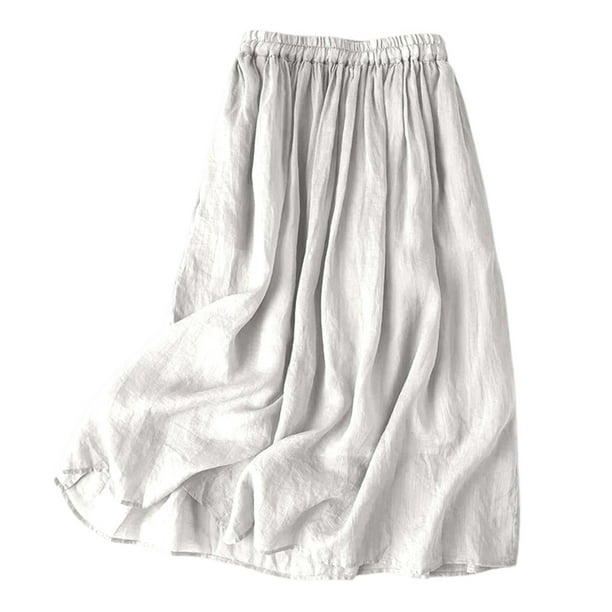 Falda midi vintage de lino para mujer: falda de verano de color liso con cintura elástica, poliéster, tallas M-XXL.