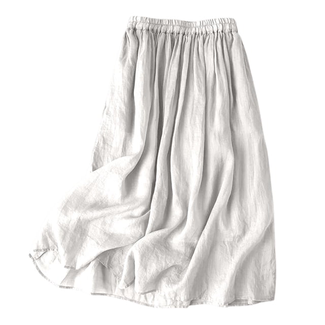 Falda midi vintage de lino para mujer: falda de verano de color liso con cintura elástica, poliéster, tallas M-XXL.
