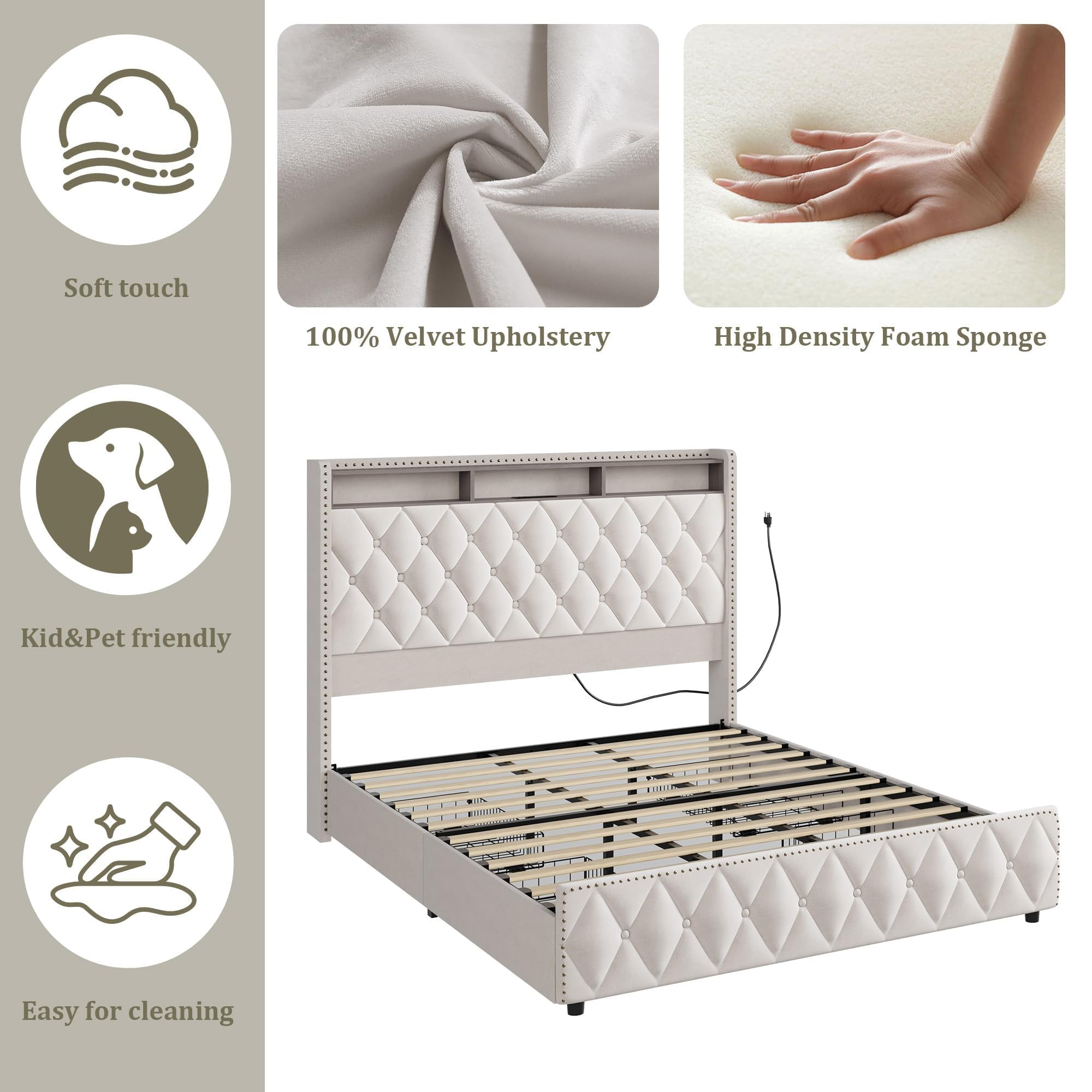 Memoryfield Upholstered Queen Size Bed Frame, Velvet Platform Bedframe with 4 Storage Drawers & USB Charging Station, No Box Spring Needed, Easy Assembly, Beige