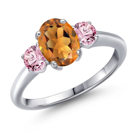 Gem Stone King 1.60 Ct Orange Red Madeira Citrine Pink Lab Grown Diamond 925 Sterling Silver Ring