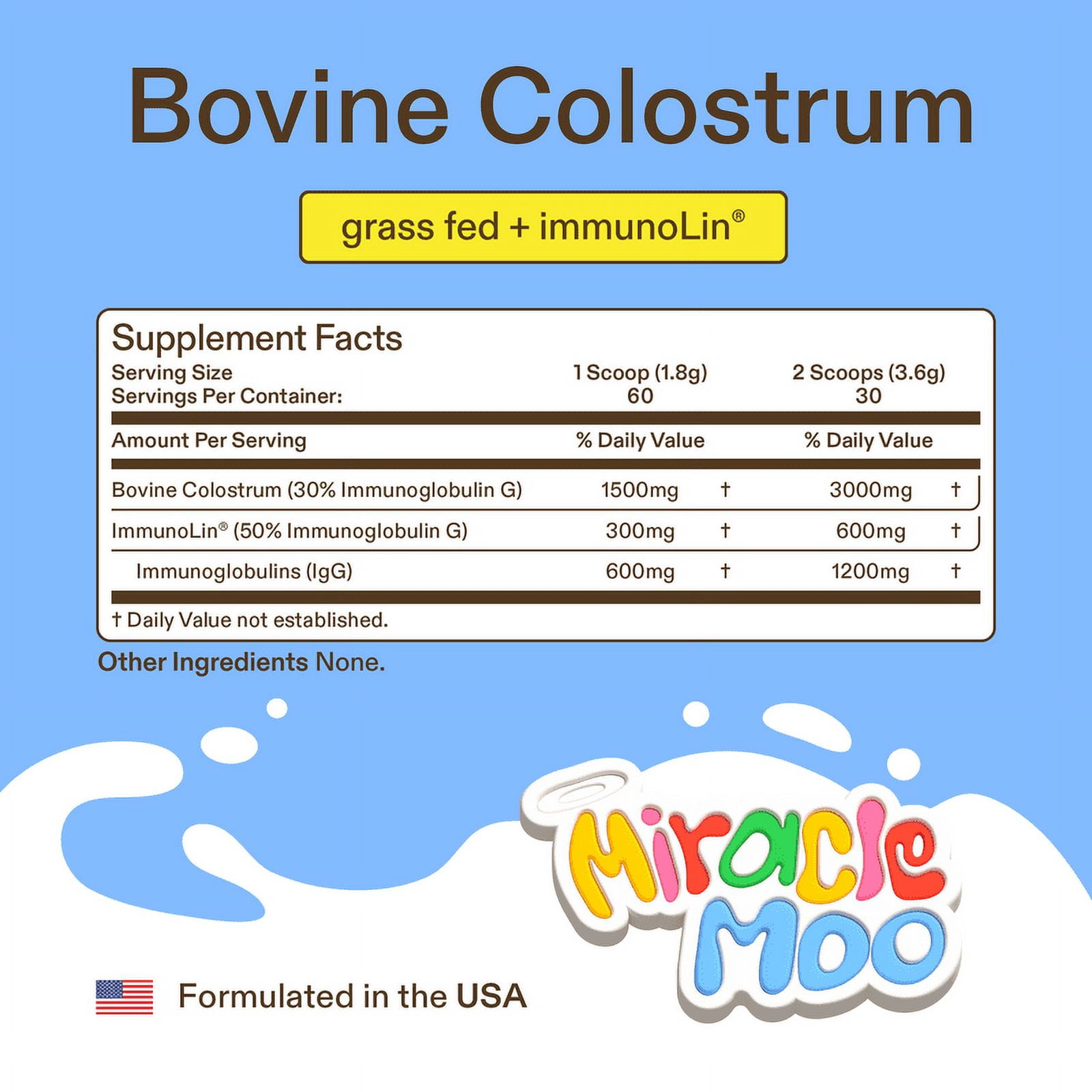 Miracle Moo Colostrum Supplement for Gut Health, Hair Growth, and Immune Support, Unflavored 60 Servings