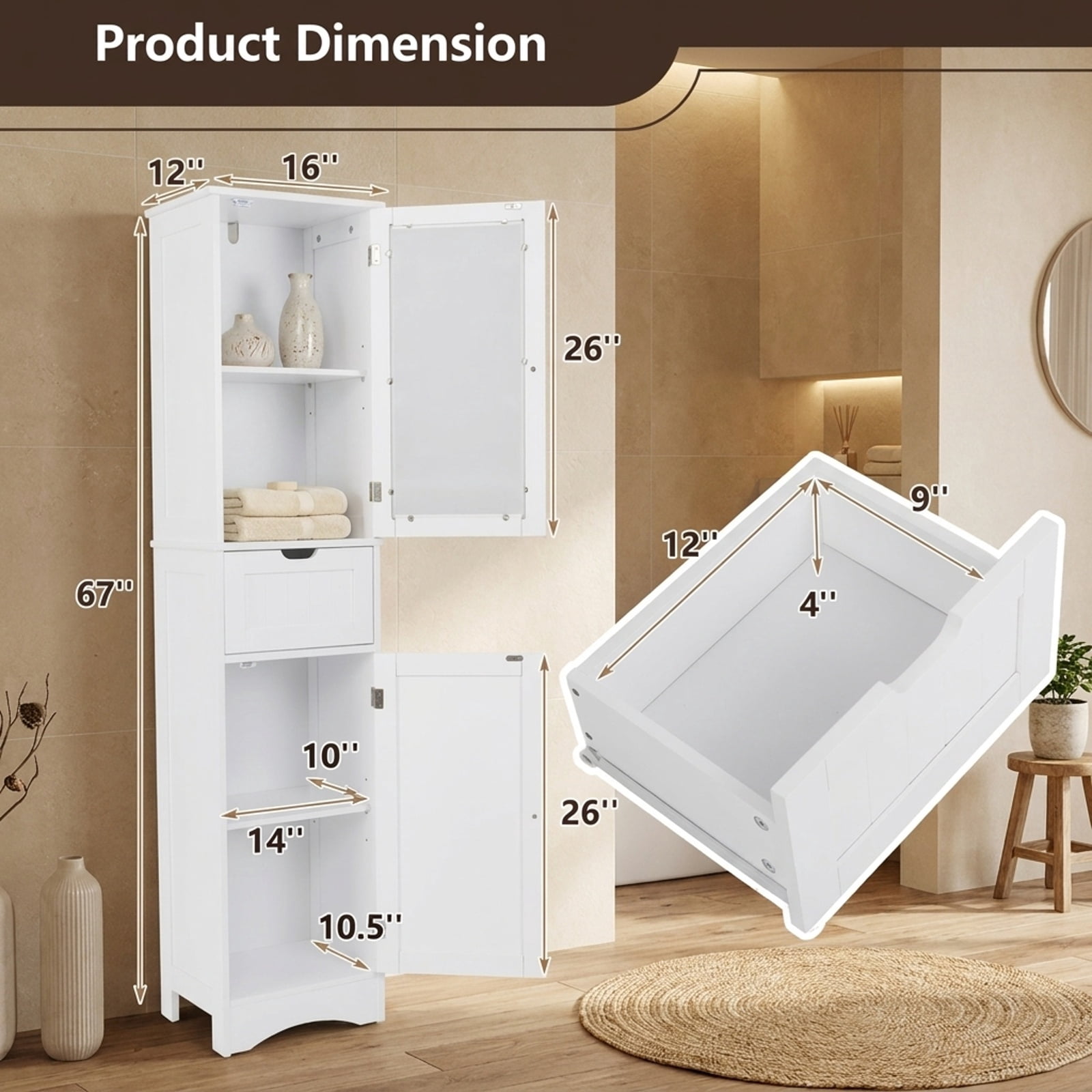 Vebreda Freestanding Bathroom Storage Cabinet, Tall Floor Storage Cabinet with 2 Doors and 1 Drawer for Bathroom, Fit Anywhere You Need