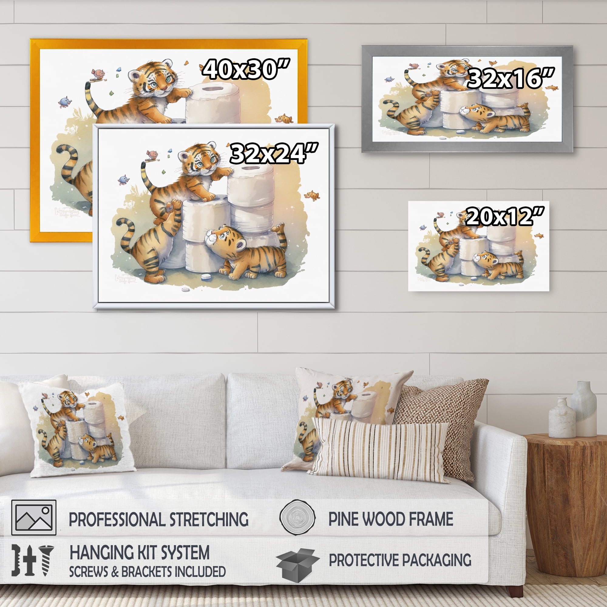 Designart Tigers Building A Tower Of Toilet Paper Canvas Wall Art