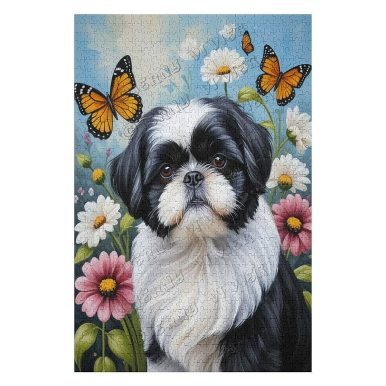 Black White Shih Tzu With Flower Oil Painting 1000-Piece Adult