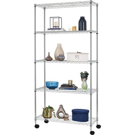 COOKCOK 5-Tier Wire Shelving with Wheels, 35.4"x 13.8"x 65" Heavy Duty Shelf, Height Adjustable Rolling Metal Shelves for Storage, 750lbs Capacity, Silver
