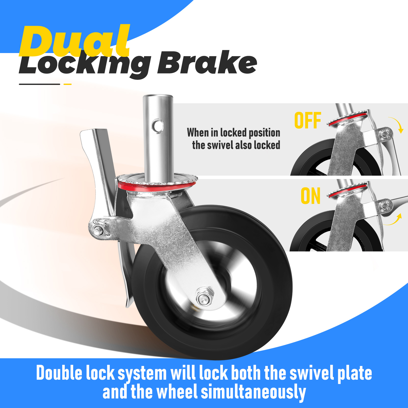 8 Inch Scaffolding Wheels, 4 Pack Heavy Duty Rubber Casters with Dual Locking Brakes, 4400 LBS Capacity, 360° Swivel Caster Wheels with Steel Plate for Scaffolding, Tool Carts, Workbenches