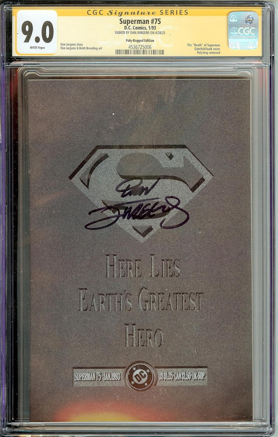 Superman #75 Polybag Edition Signed Dan Jurgens CGC 9.0
