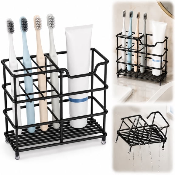 Rongsi Toothbrush Holders,304 Stainless Steel Bathroom Toothbrush Holder Toothpaste Holder Stand Bathroom Accessories Organizer with 4 toothbrush slots(Black)