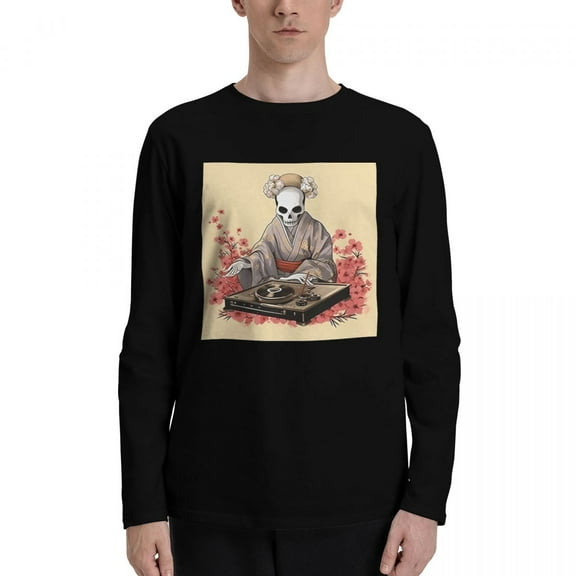 ALLNOB Men's Long Sleeve Round Neck T-Shirt with Floral Print Black