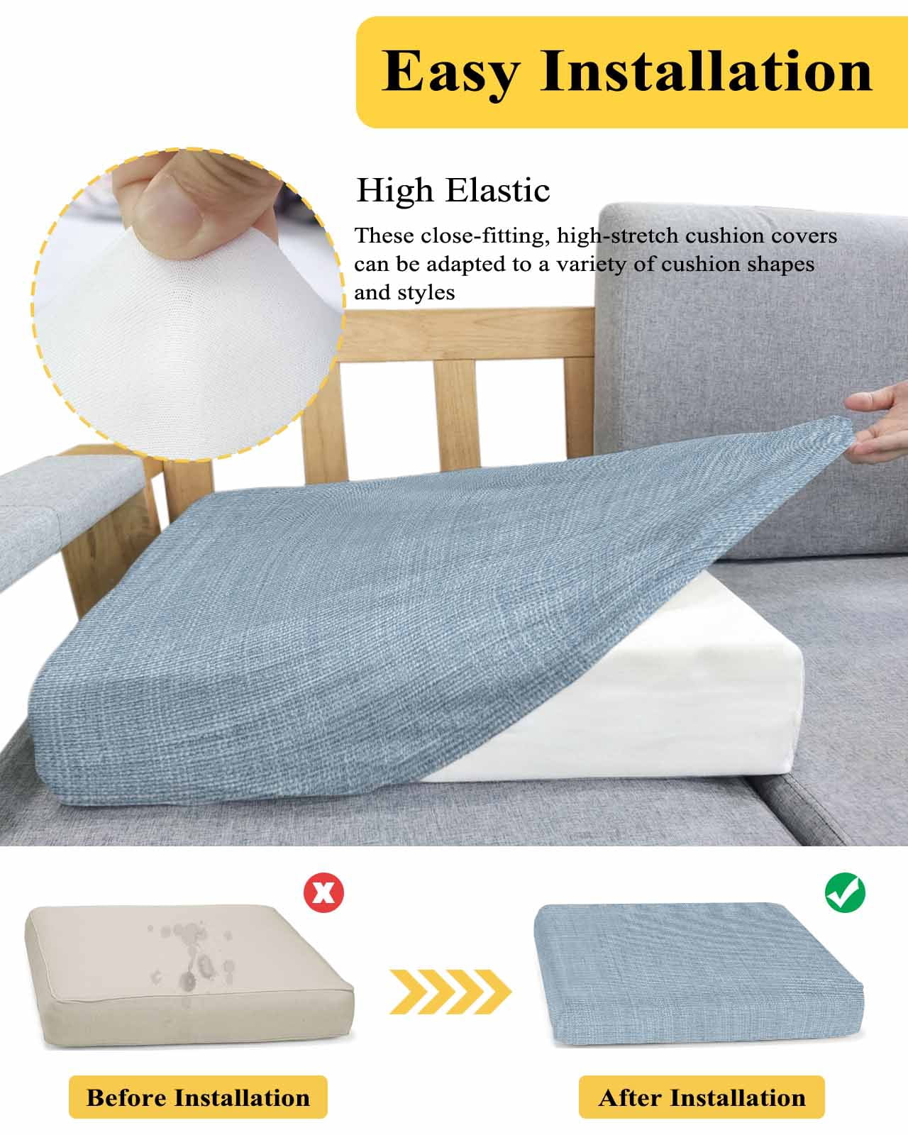 Vintage Sky Blue Couch Cushion Covers Stretch, Washable Sofa Seat Covers Individual Seat Cushion Sofa Slipcovers Farmhouse Retro Solid Color Linen Texture Couch Cover Furniture Protector S-3PCS
