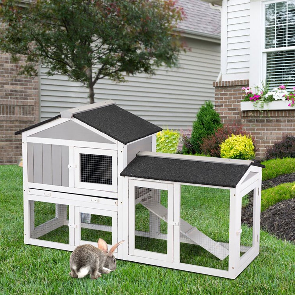 LOAOL 2 Layers Wooden Outdoor Bunny Rabbit Hutch With Ventilation Door Removable Tray and Ramp