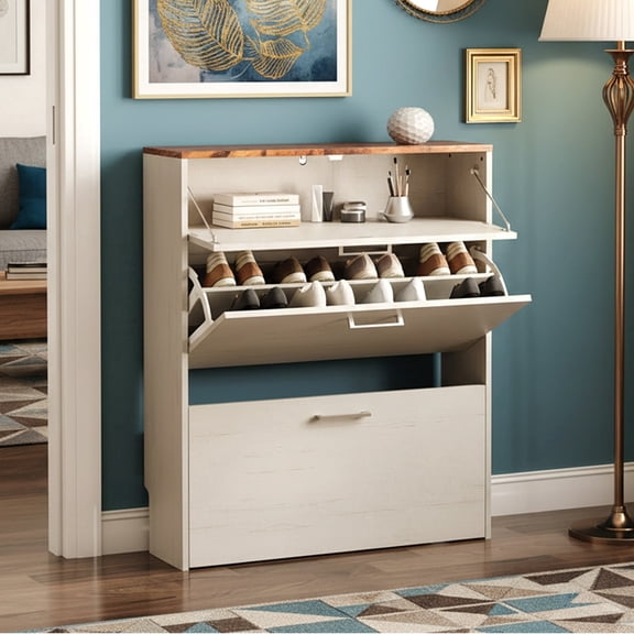 Ktaxon 31.5'' W, Modern Shoe Storage Cabinet with 2 Flip Drawers for Entryway 24 Pairs,Washed White & Oak