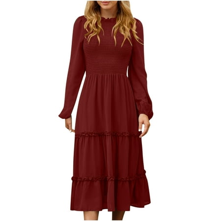 

QIPOPIQ Dresses for Women Deals Women s Autumn And Winter Solid Color Long Sleeve Round-neck Smocked Boho Dress A-Line Ruffle Frill Tiered Swing Midi Dress