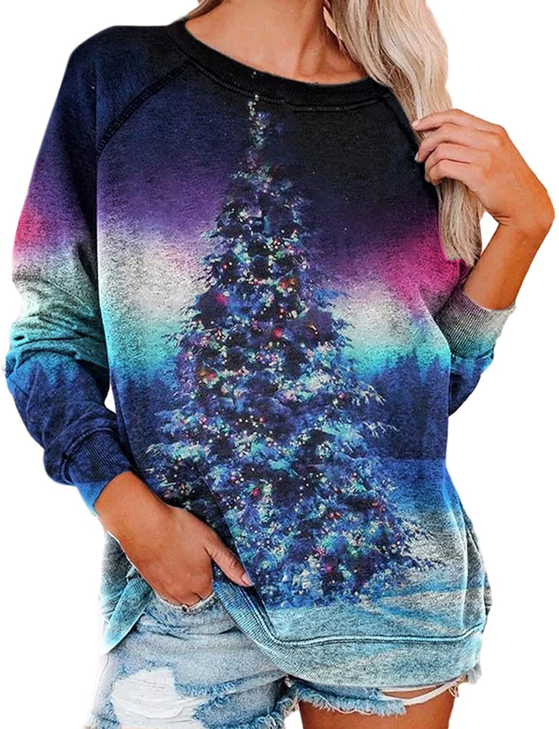 Christmas Tops for Women Sequined Shirts Crewneck Tunic Tops Long Sleeve Pullover Tops Lightweight Sweatshirt 