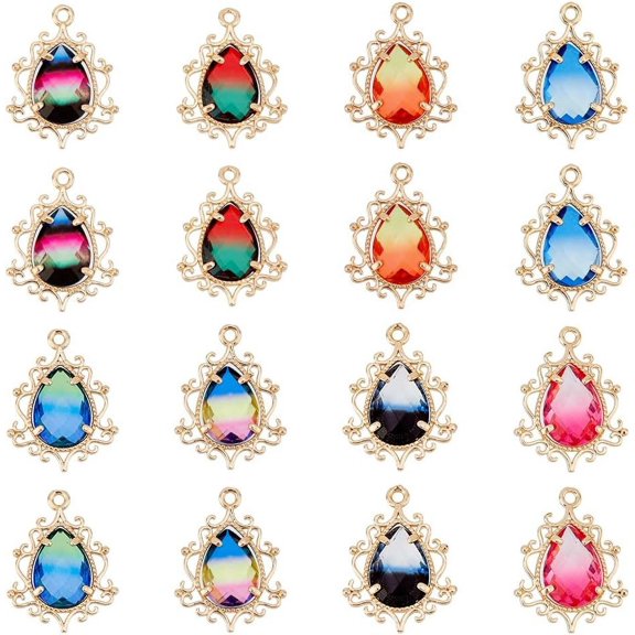 16Pcs 8 Colors Teardrop Charms Filigree Flower Tray Charms with Colorful Facted Glass Beads Glass Pendants Rhinestone Waterdrop Charms for Jewelry Making Hole: 1.6mm Multi-color