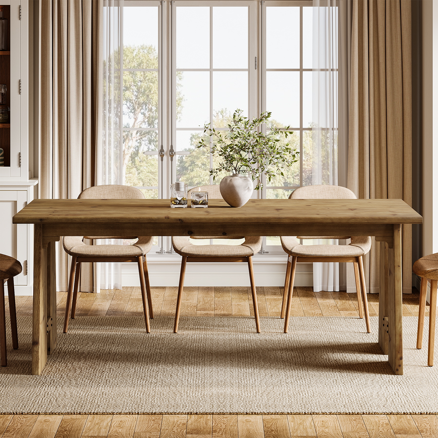 Finmind 70.87" Solid Wood Dining Table for 6-8, Farmhouse Kitchen Table with Sturdy Legs, Rectangle Dinner Furniture for Kitchen, Living Room, Brown
