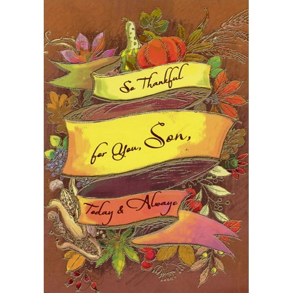Designer Greetings Yellow Banner, Pumpkins, Flowers, Corn on Light Brown Thanksgiving Card for Son