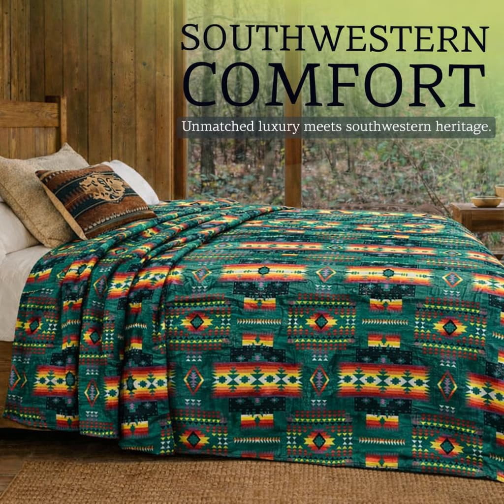 Sacred Thread Fleece Blanket South Western, Reversible Mexican, Vibrant Aztec Blankets and Throws for Aztec Decor for Home (Lake Flannel / Flannel) (Queen (79''x95'')