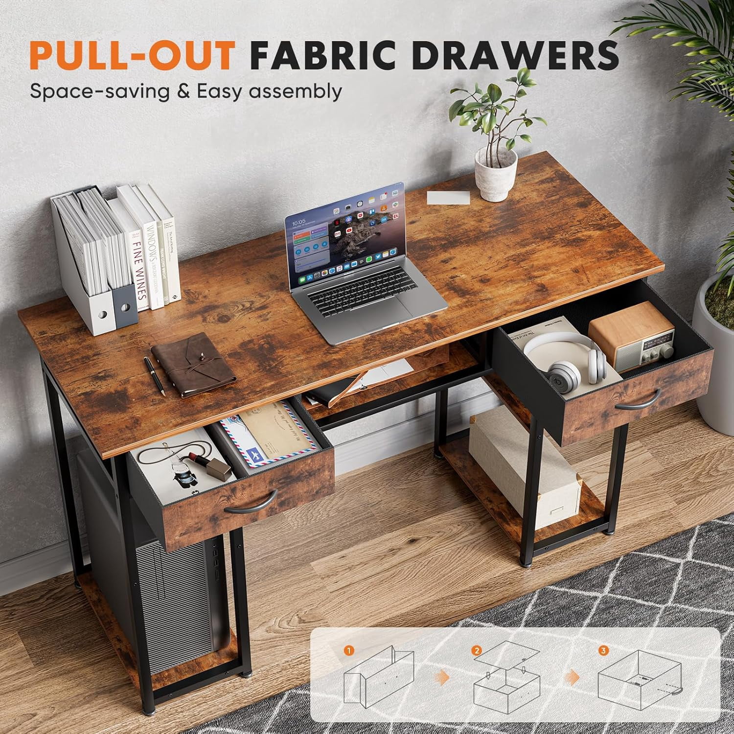Blorly 48" Computer Desk, Long Desk with Storage Fabric Drawers, Easy Assembly for Small Space, Bedroom, Home Office, Brown