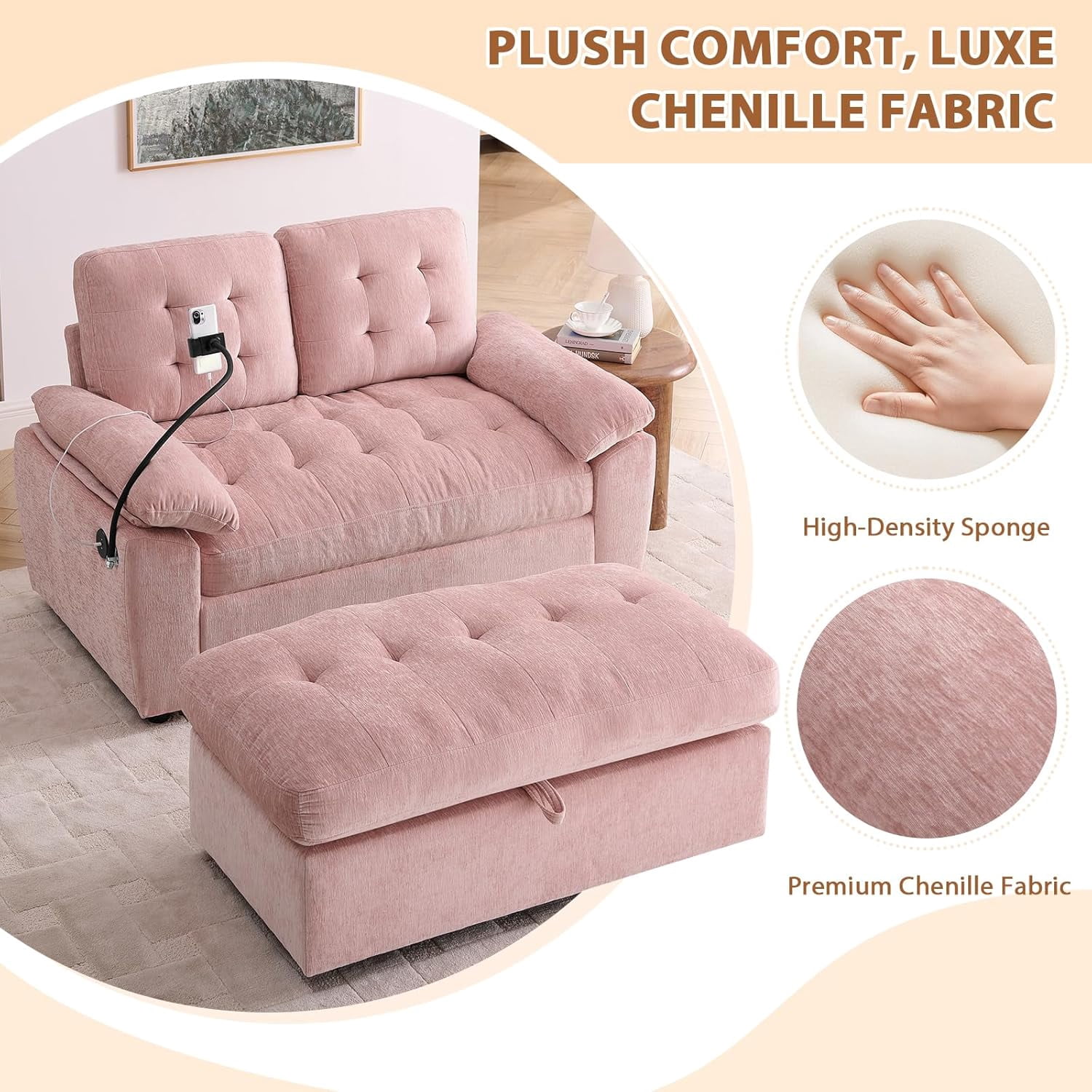 MOONMISS Oversized Chaise Lounge Chair Indoor with Ottoman&Adjustable Backrest,Chenille Tufted Recliner Sofa Chair with USB&Phone Holder,Convertible Sleeper Couch Bed for Living Room,Pink